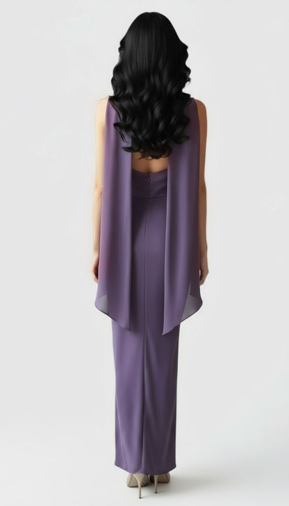 Strapless satin crepe corset gathered tulip hem maxi dress and matching scarf