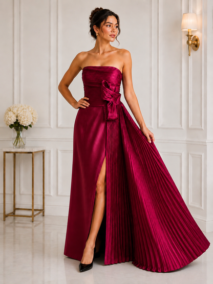 Strapless pleated bow taffeta slit gown