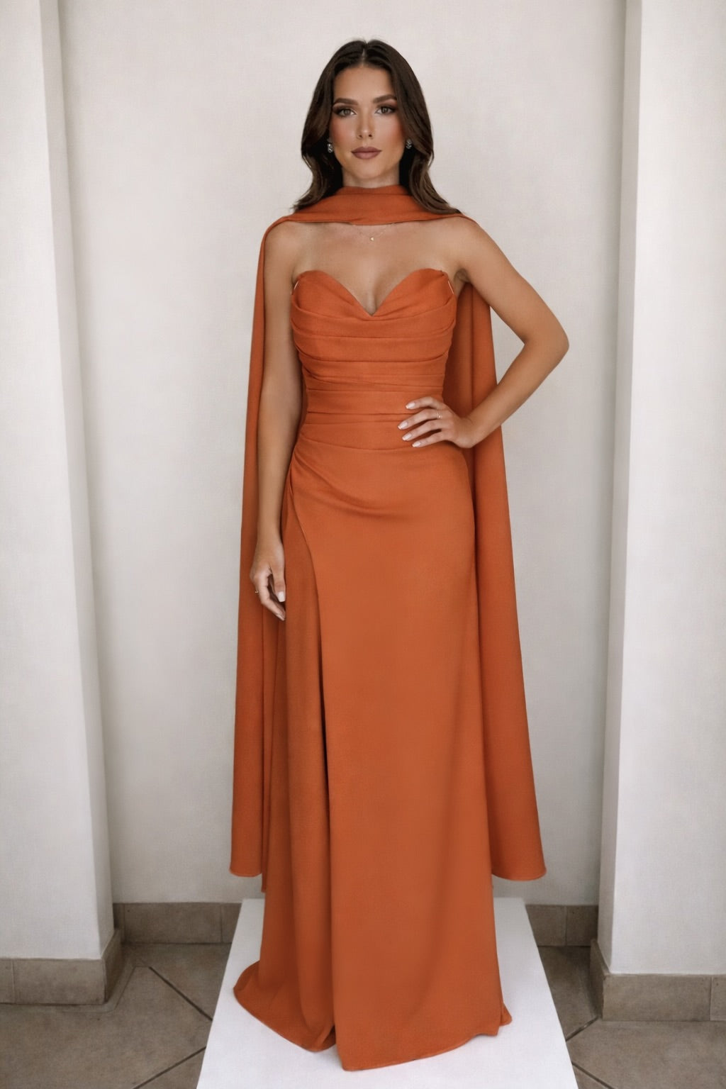 Sweetheart strapless gathered twill slit gown and matching scarf