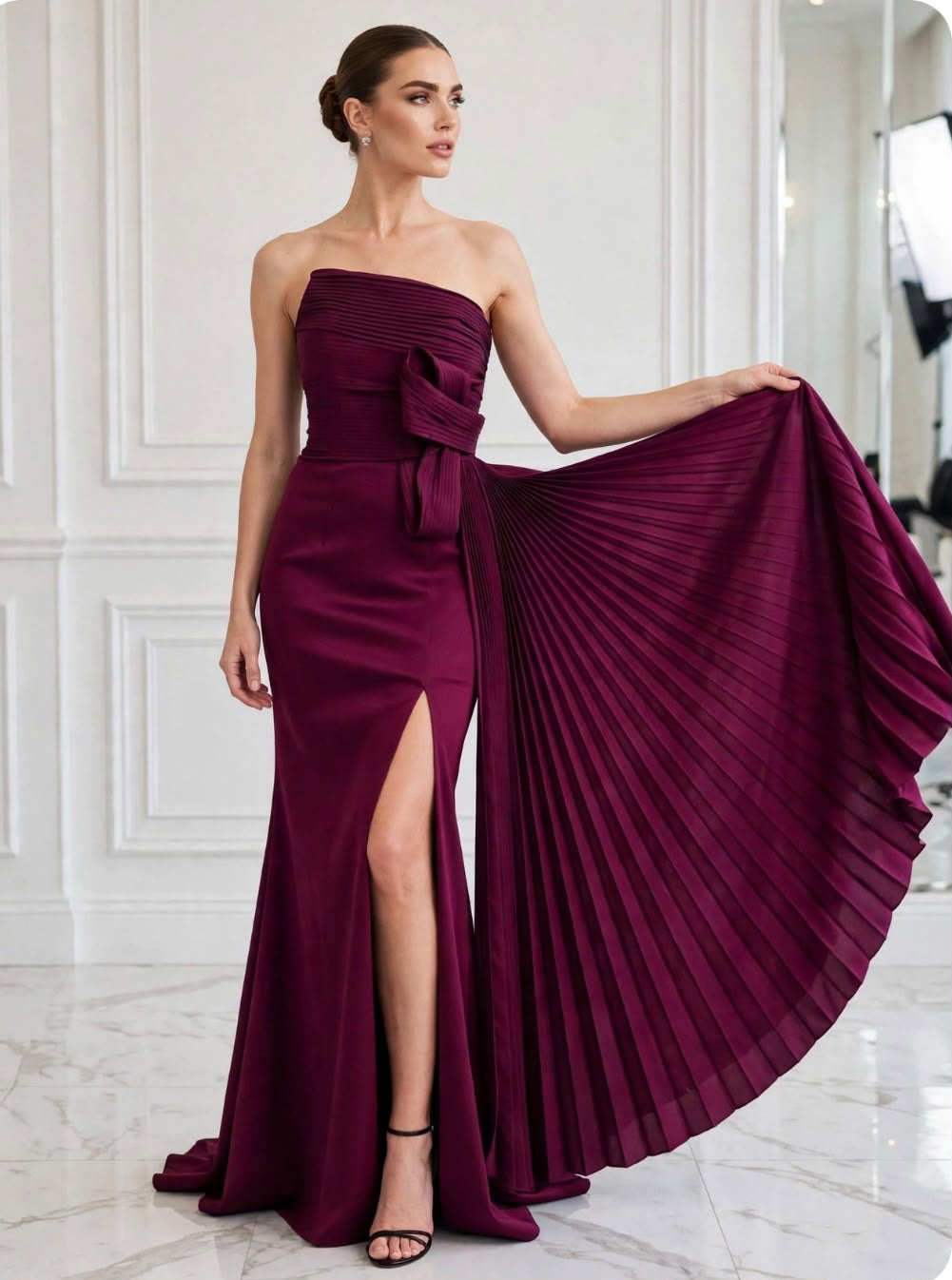 Strapless pleated bow taffeta asymmetrical slit gown