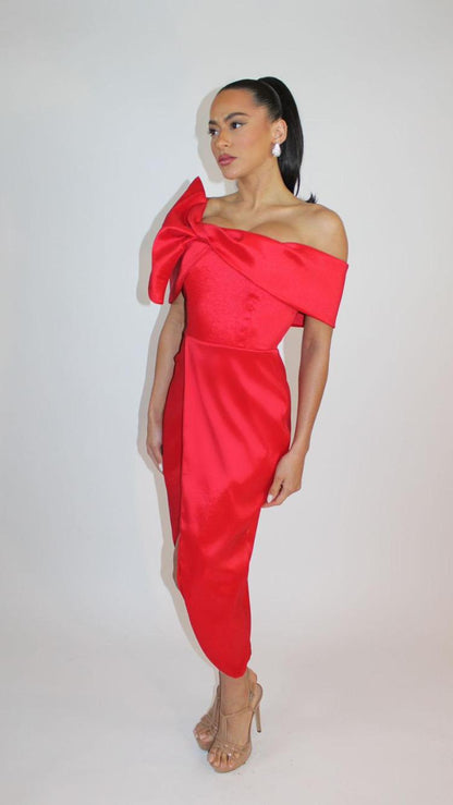 Classy demeanor off the shoulder midi taffeta dress