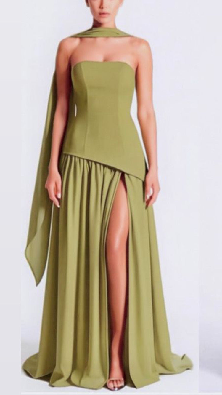 Strapless asymmetrical corset slit gown
