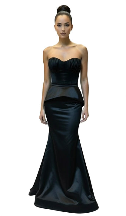 Strapless peplum gathered bust stretch taffeta gown