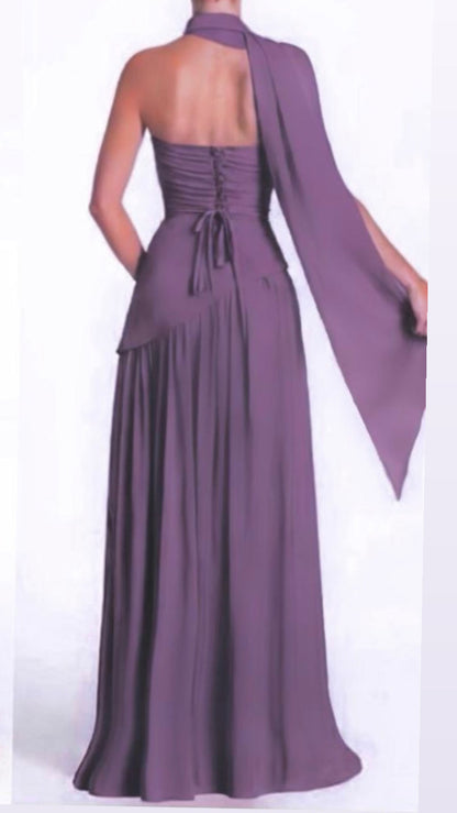 Strapless asymmetrical corset slit gown