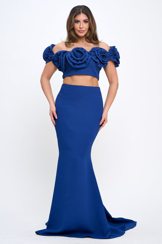 Rose detail off shoulder crop top and maxi skirt set