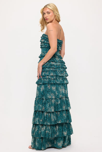 Pre-Order Animal print strapless ruffle tiered maxi dress