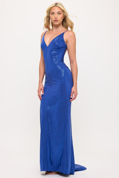 Metallic hourglass open knot back draping silhouette gown
