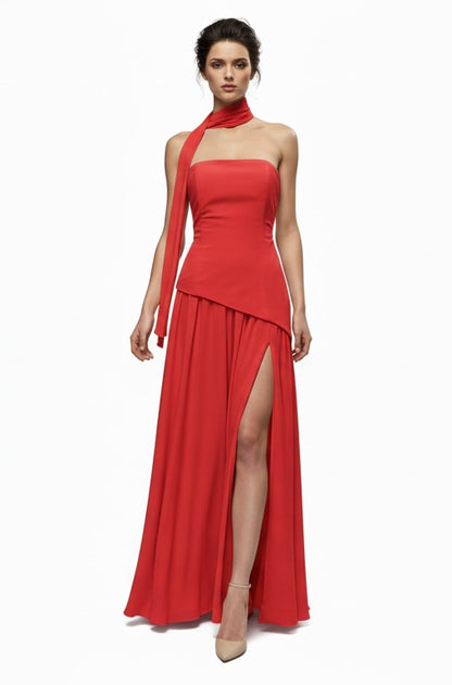 Strapless corset asymetrical peplum dobby slit gown and matching scarf