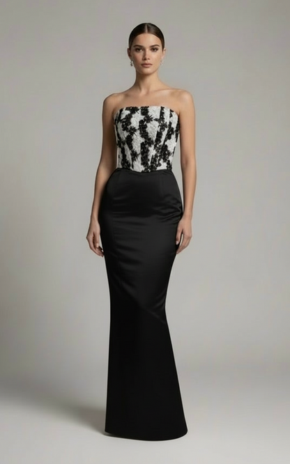 Strapless corset crochet floral lace and satin taffeta gown with detachable bow belt