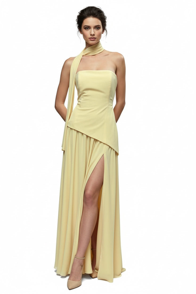 Strapless corset asymetrical peplum dobby slit gown and matching scarf