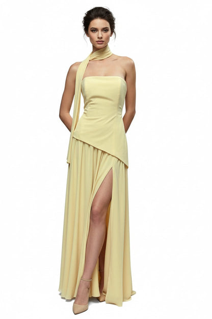 Strapless corset asymetrical peplum dobby slit gown and matching scarf