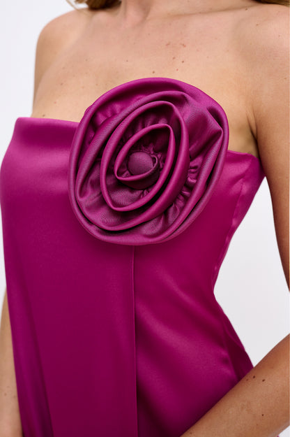 Rose wrap strapless stretchy satin maxi gown