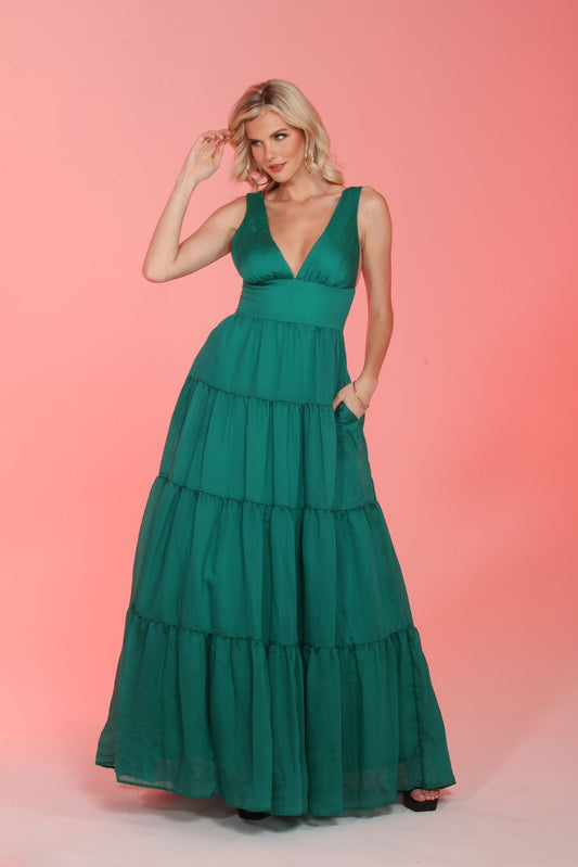 *Pre-Order Plunging V-Neckline cut-out back tiered gown