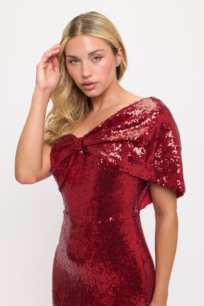 Sparkling sequin one shoulder bow side slit gown
