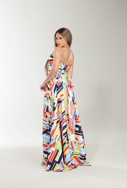 Geometric print colorful crop top and maxi skirt set with pockets