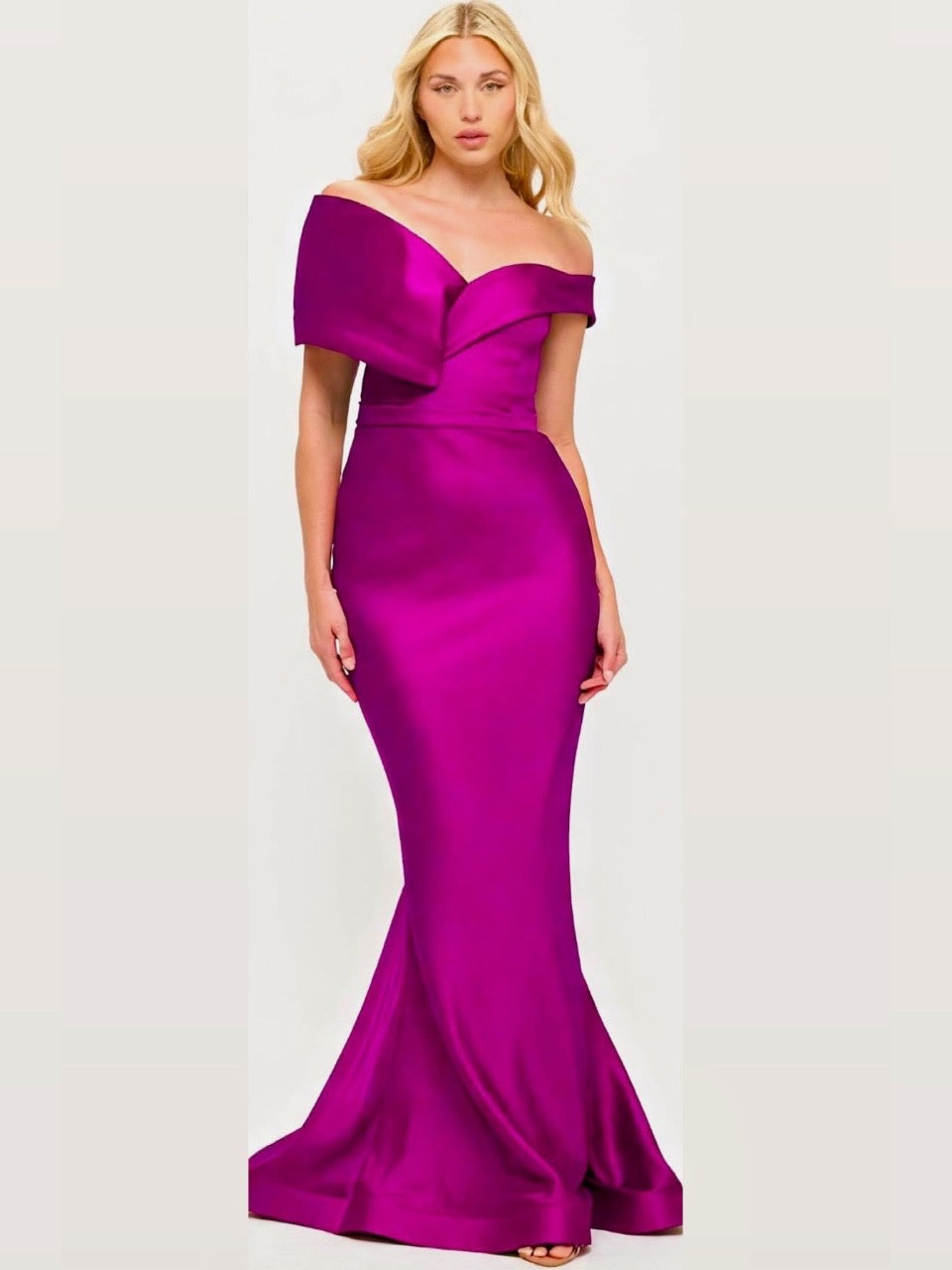 Off shoulder stretch taffeta hourglass gown