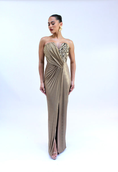 *Pre-Order strapless bronze formal dress