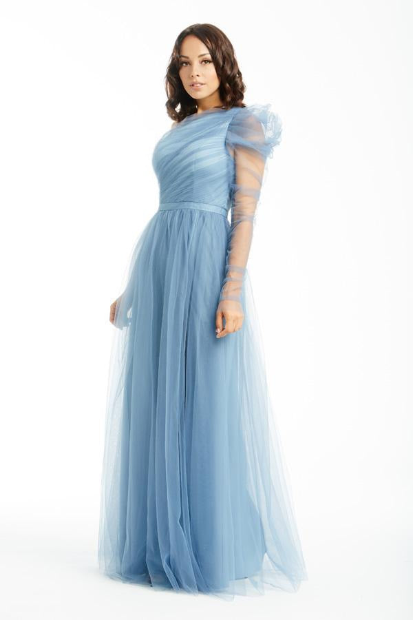 One shoulder front side slit tulle gown