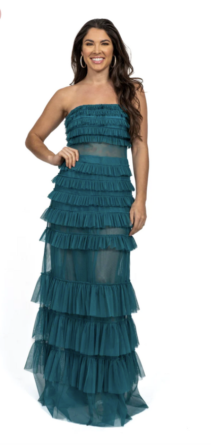 Ruffle layered strapless tulle maxi dress