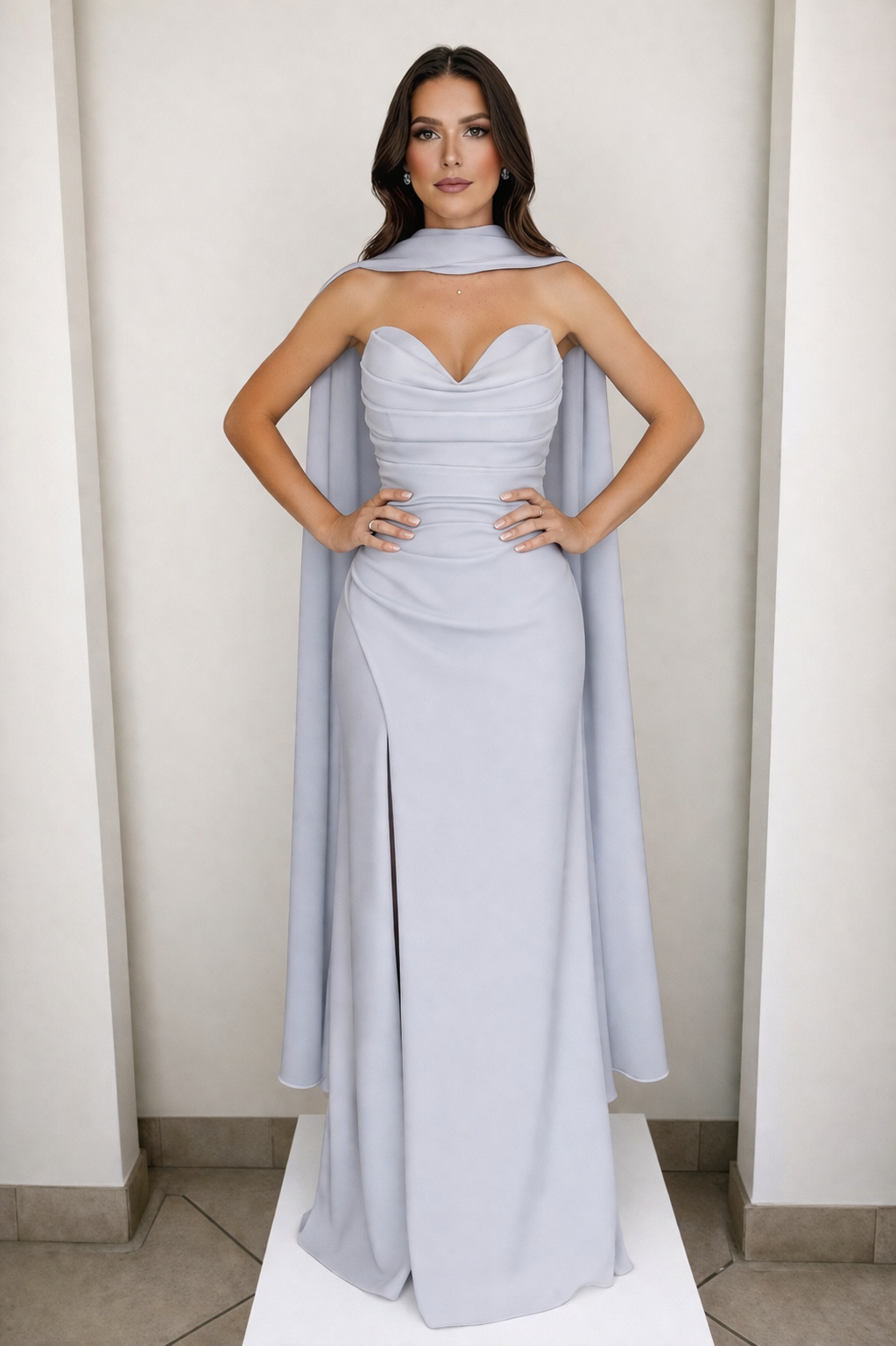 Sweetheart strapless gathered twill slit gown and matching scarf