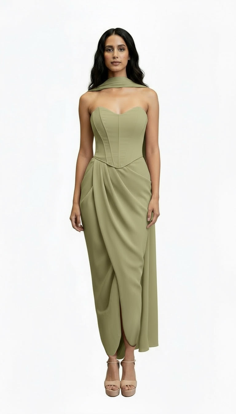 Strapless satin crepe corset gathered tulip hem maxi dress and matching scarf