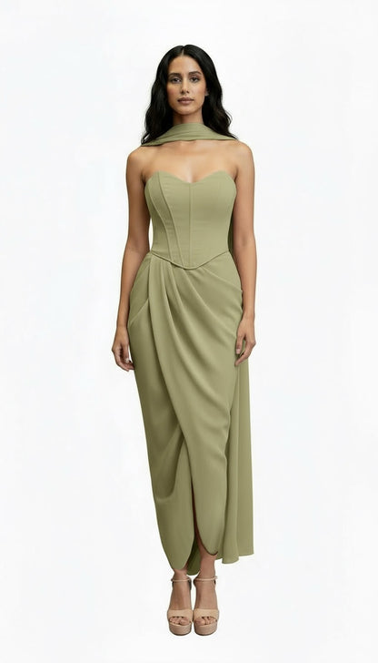 Strapless satin crepe corset gathered tulip hem maxi dress and matching scarf