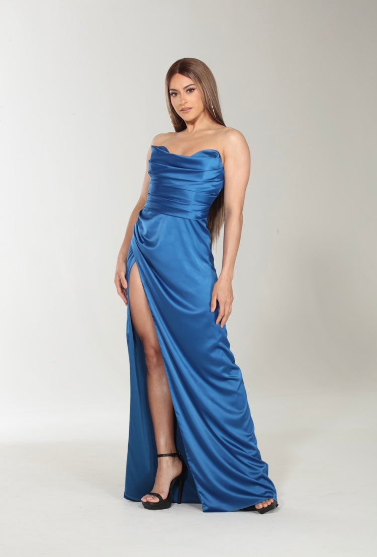 Strapless satin side slit maxi