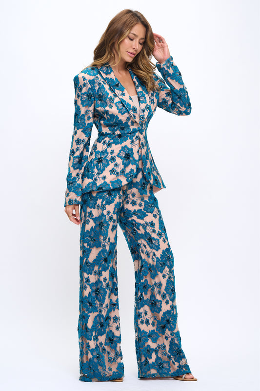 Embroidered floral lace sequin detailed peplum jacket and pants suit set