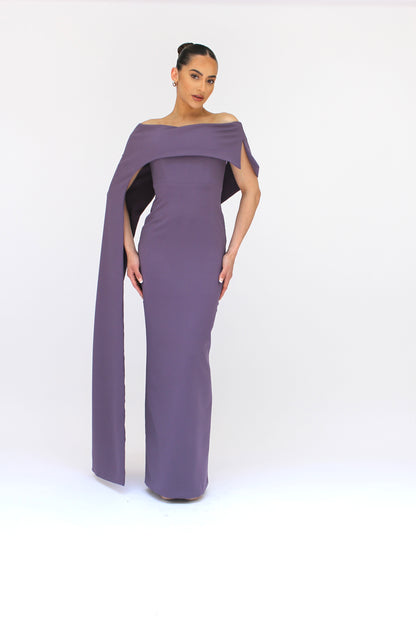 Dramatic elegance off shoulder draped split sleeve dress