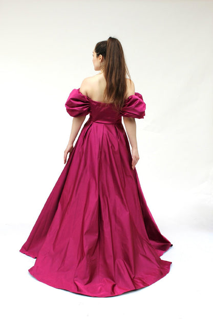 Midnight gala off shoulder satin gown w/ pockets