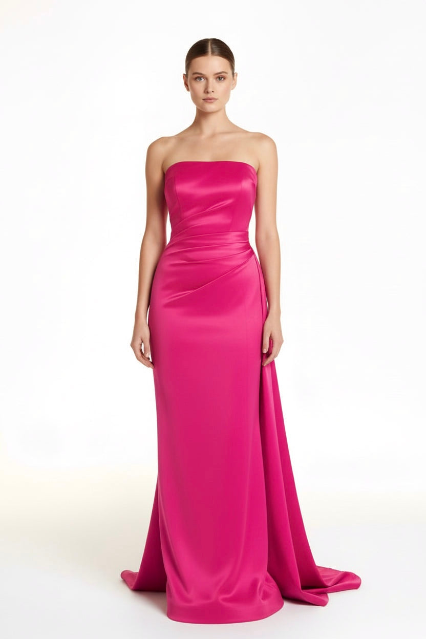 Strapless taffeta asymmetrical back detail gown