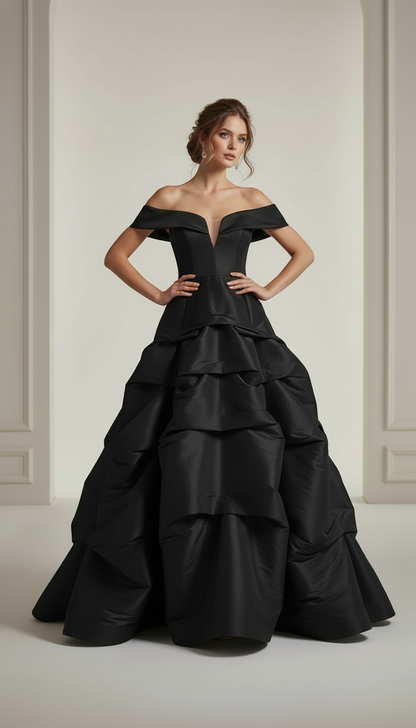 Off shoulder taffeta layered cupcake gown