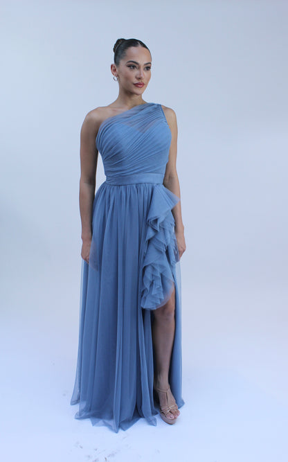 Special embrace one shoulder ruffle tulle slit gown