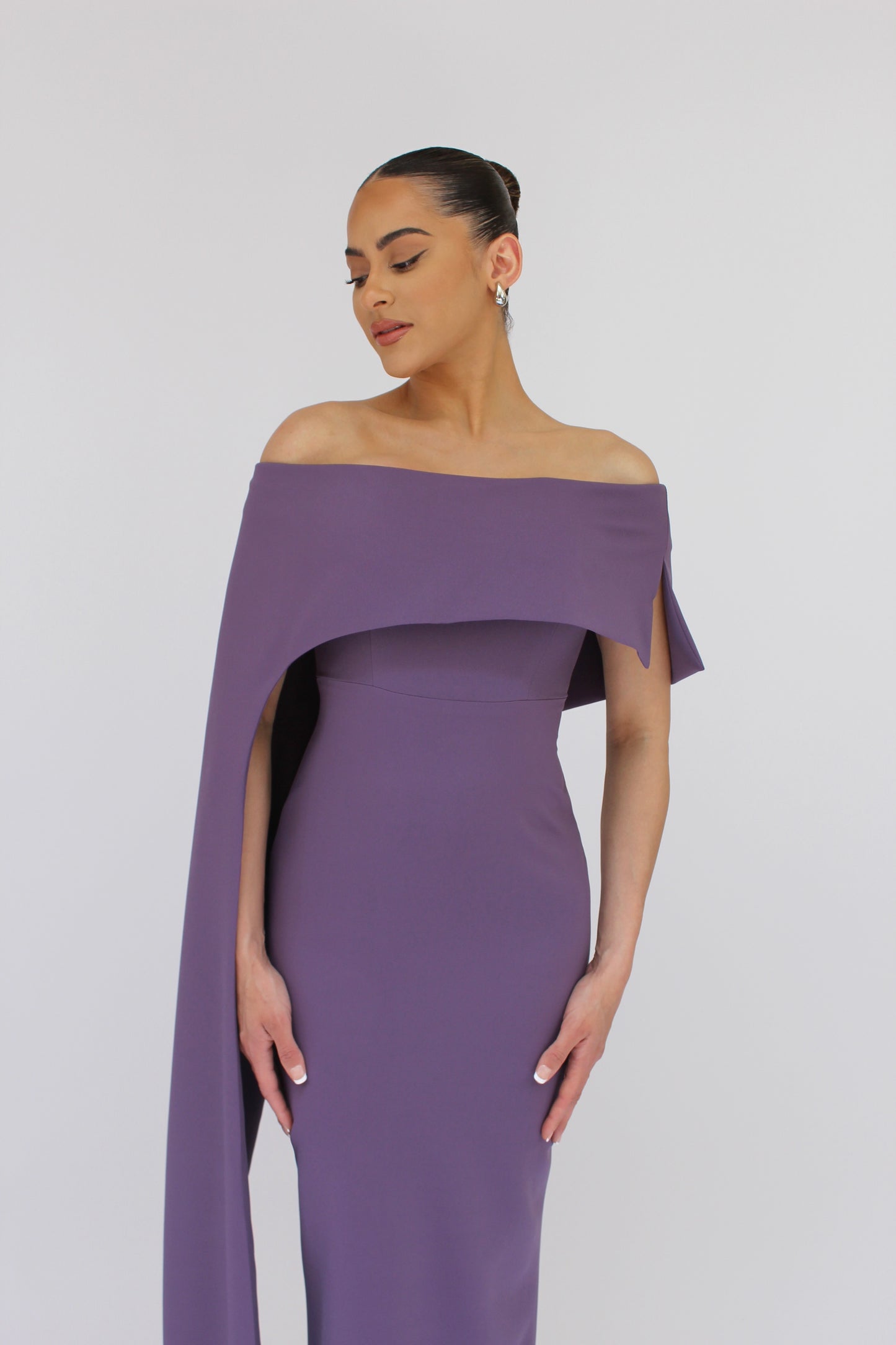 Dramatic elegance off shoulder draped split sleeve dress