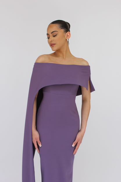 Dramatic elegance off shoulder draped split sleeve dress