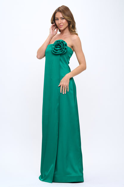 Rose wrap strapless stretchy satin maxi gown