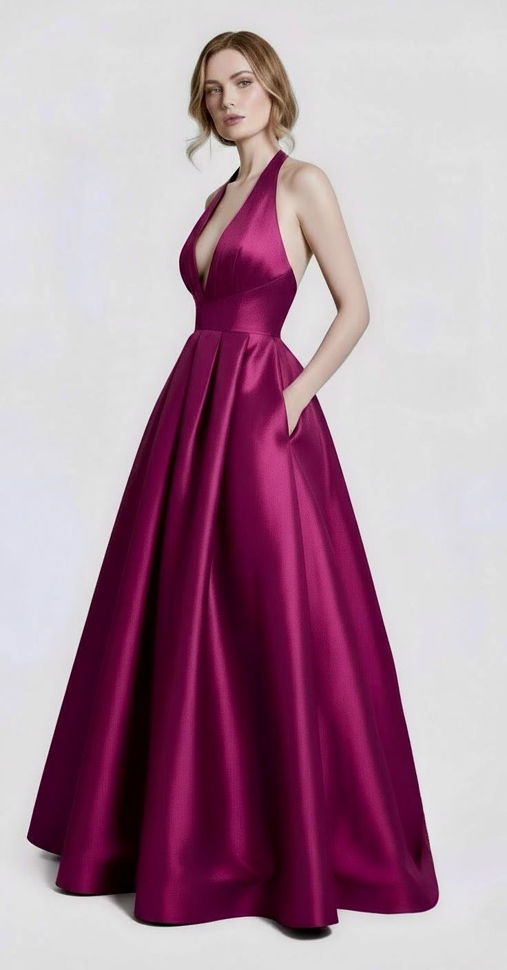Deep plunging neckline halter taffeta ballgown