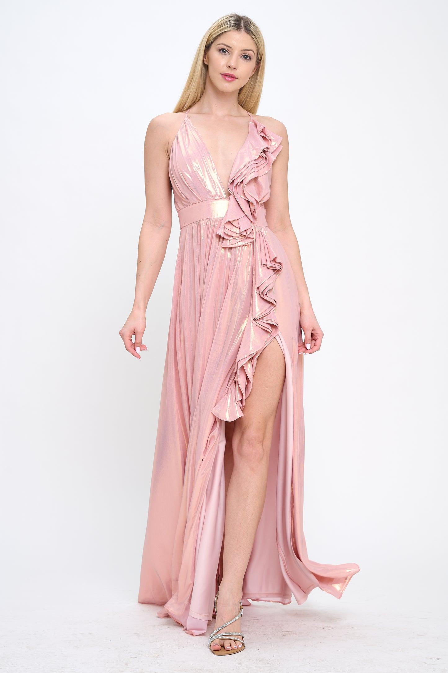 Irisistable iridescent ruffle slit maxi dress