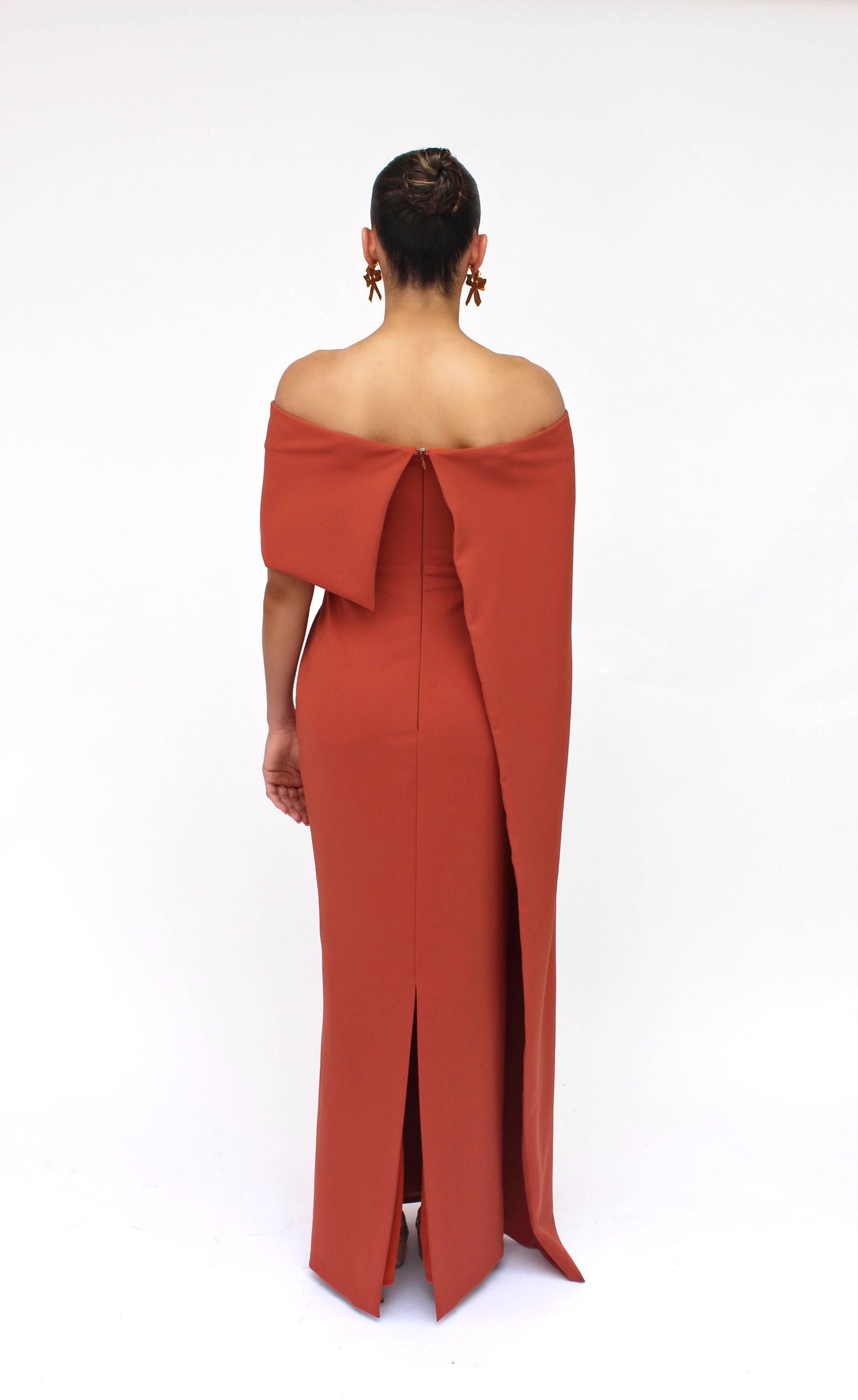 Dramatic elegance off shoulder draped split sleeve dress