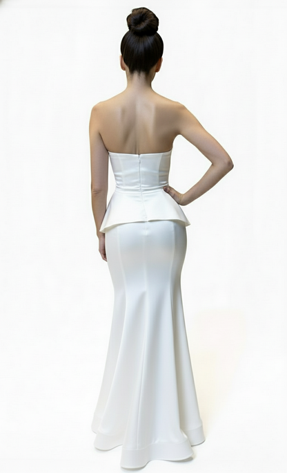 Strapless peplum gathered bust stretch taffeta gown