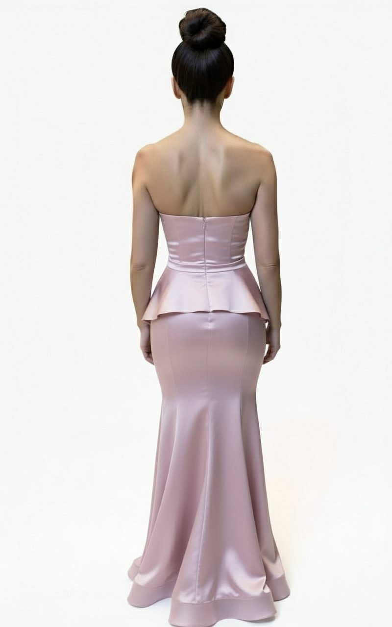 Strapless peplum gathered bust stretch taffeta gown