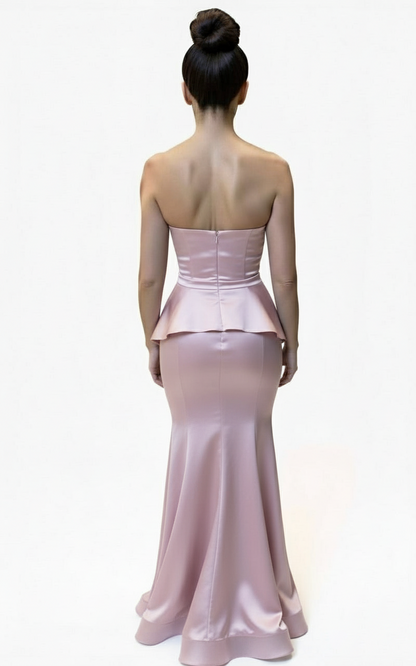Strapless peplum gathered bust stretch taffeta gown