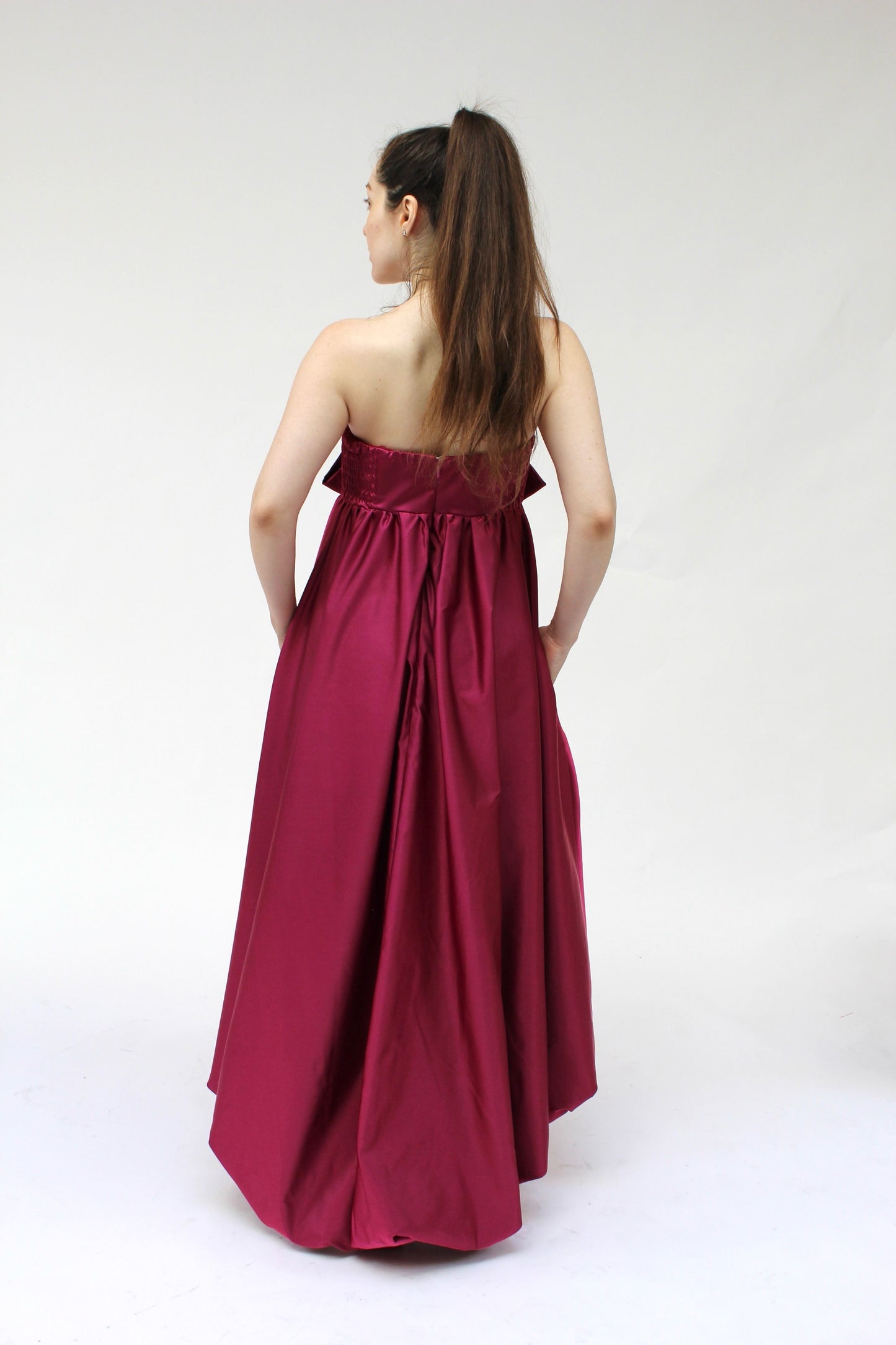 Ruched bubble hem strapless bow taffeta high low dress with pockets