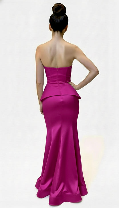 Strapless peplum gathered bust stretch taffeta gown