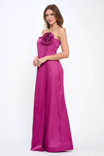Rose wrap strapless stretchy satin maxi gown