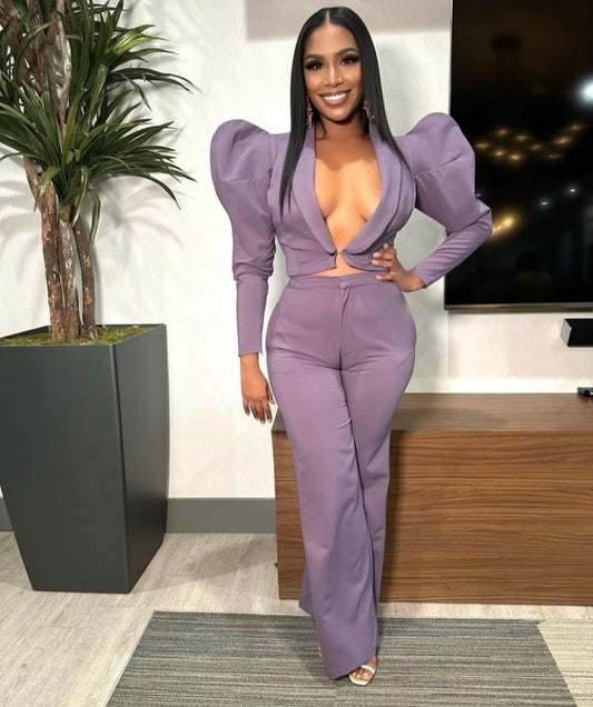 Diva Pursuit two-piece puff sleeve crop jacket and high waisted wide leg pants suit set