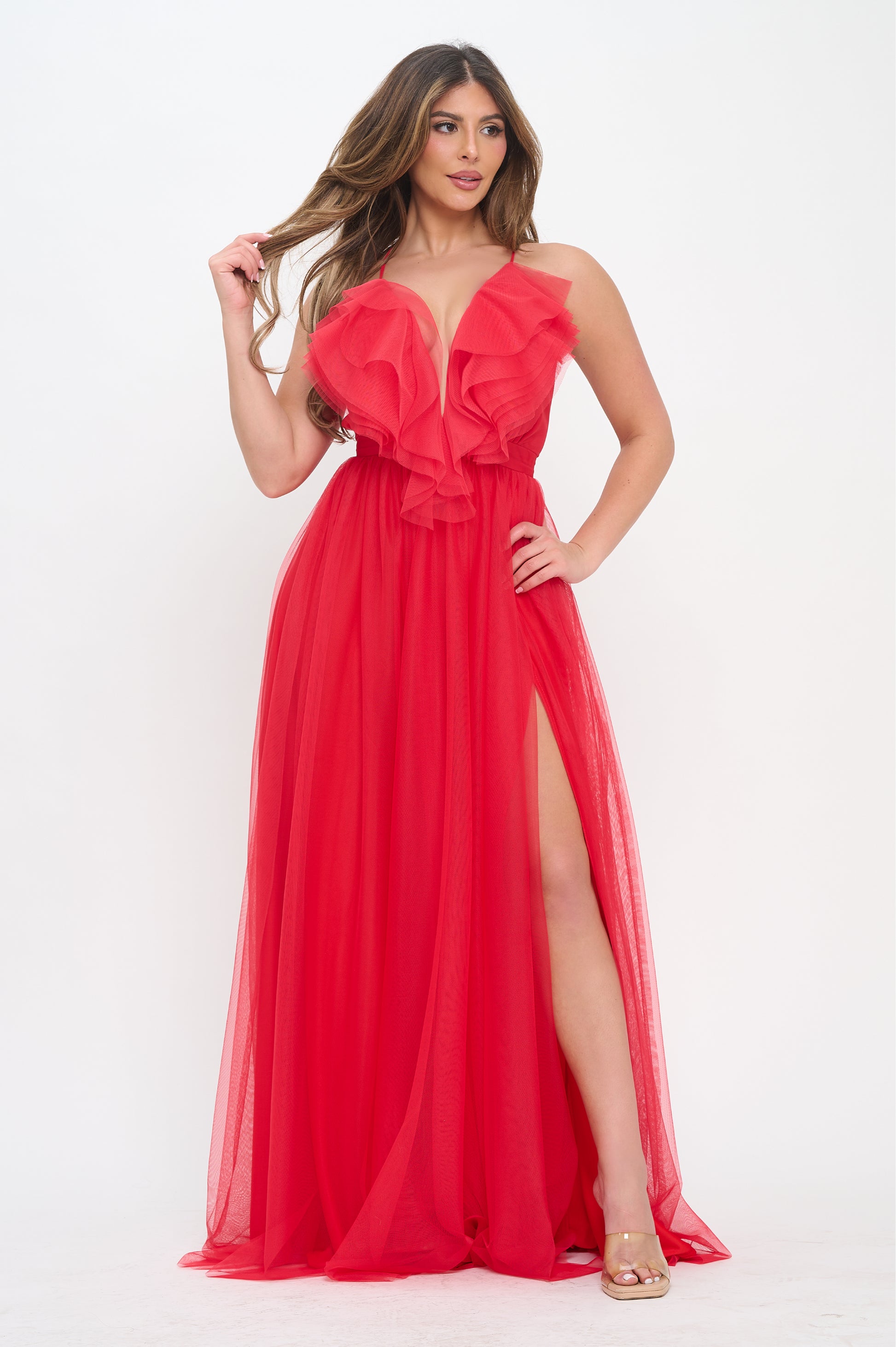 heart shaped maxi dress Heart shape soft ruffle tulle slit maxi dress Red / Medium