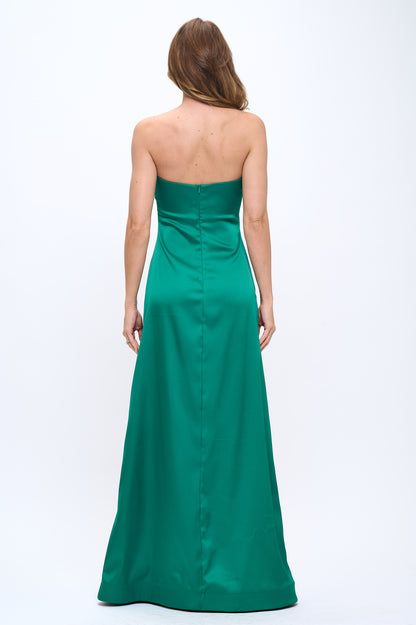 Rose wrap strapless stretchy satin maxi gown