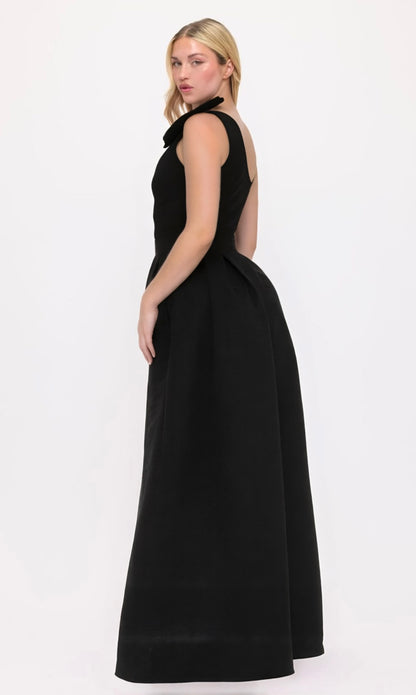 One shoulder flower bow detail taffeta gown with detachable belt train