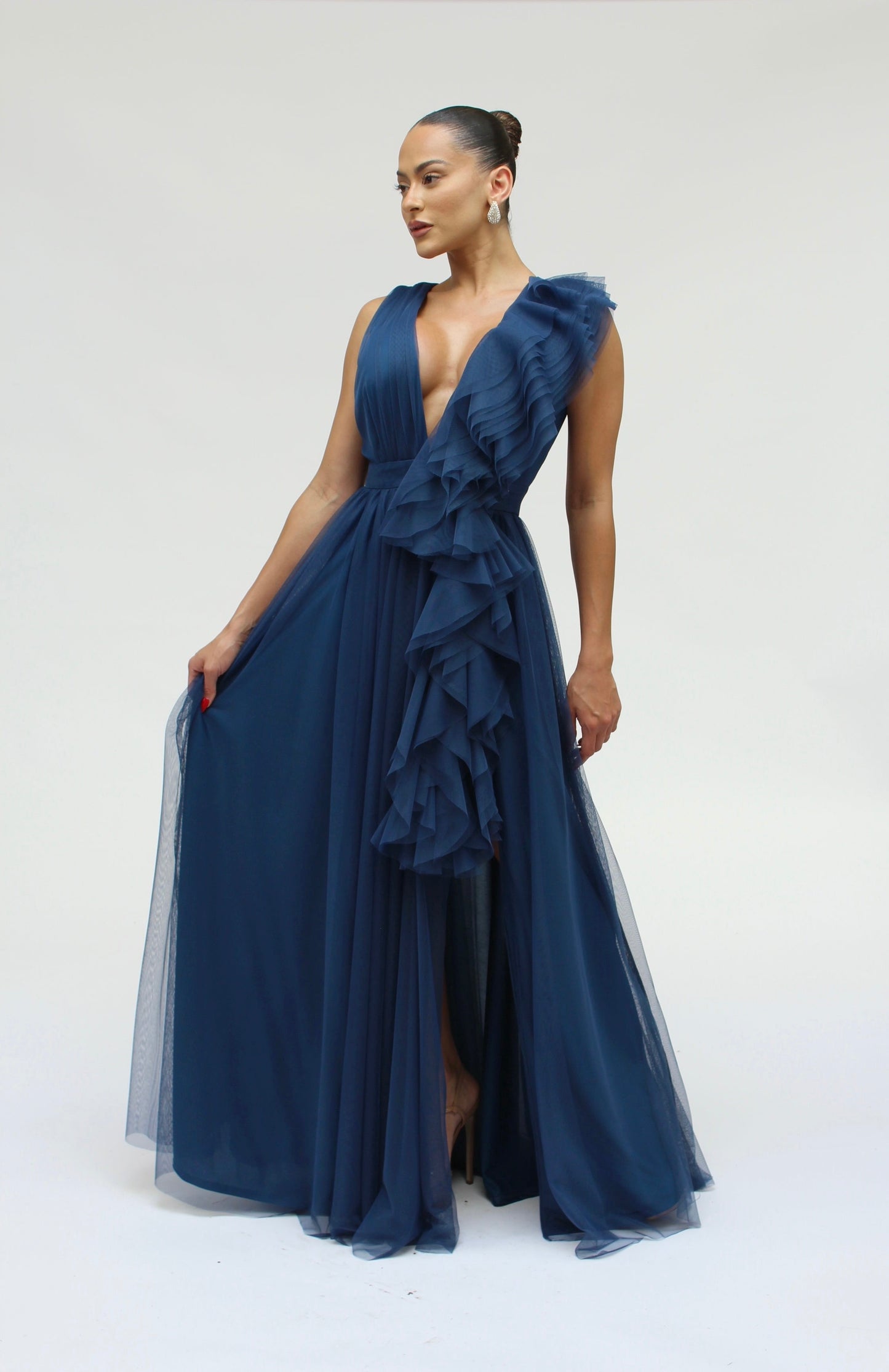 Elegant engagement ruffle layered tulle cascading gown with front slit